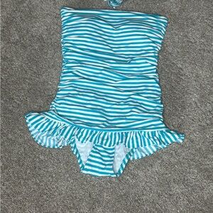 Striped Aqua One Piece Bathing Suit Flattering Ruched Seaming NWOT Removable Pad